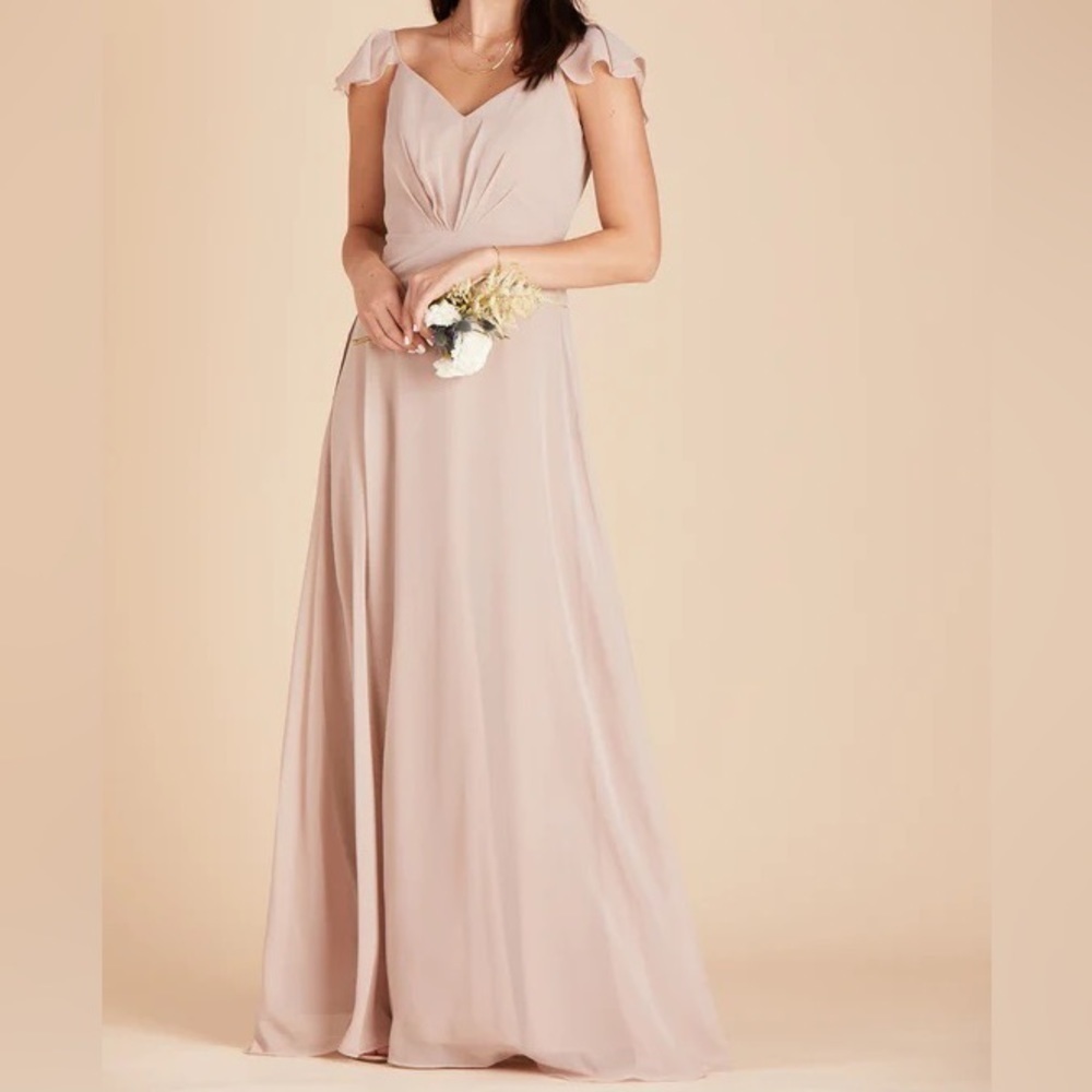 Birdy Grey NWT Kae Ruffle Cap Sleeve Chiffon Long Bridesmaid Dress Taupe S